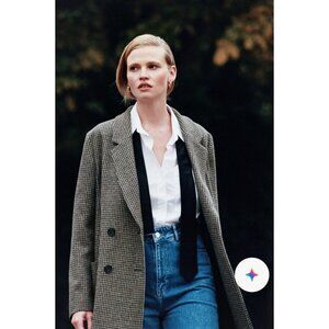 ZARA Houndstooth Tweed Frayed Jacket Blazer Coat - Size S - Black & White Check